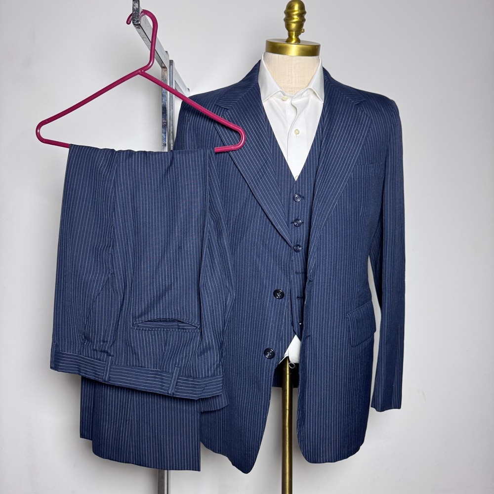 Palm Beach 3-Piece Suit Mens 38R 35x31 Blue Pinstripe Vintage Wool Blend USA